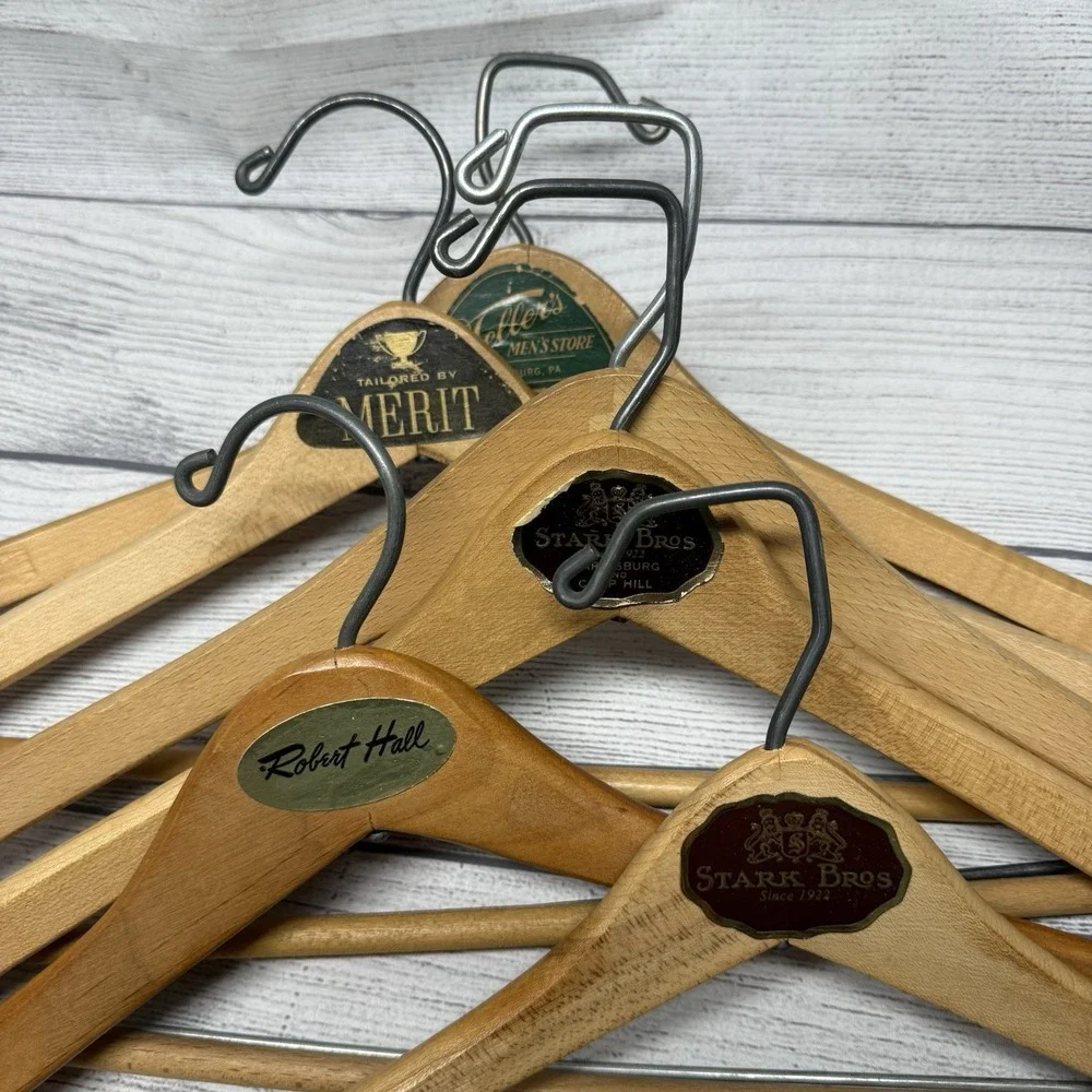 6 Vintage WISHBONE Wooden Suit Hangers with Pant Bars Heavy Duty Harrisburg PA